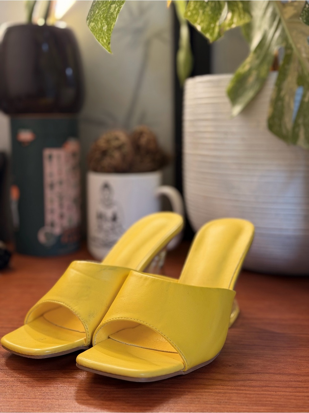 SHEIN Yellow Slide Mule Heels with Clear Block Heel